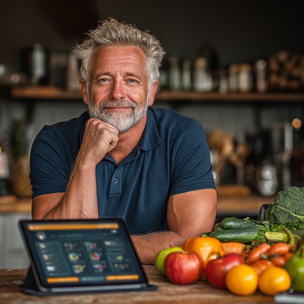 A confident man in his early 50s with graying temples, wearing a navy blue polo shirt, sitting at a dining table with a tablet device showing a meal plan app, surrounded by fresh fruits and vegetables on the table, looking thoughtfully at the screen