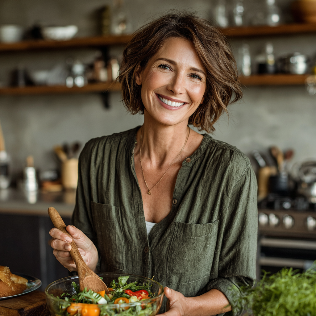 A middle-aged woman in her late 40s with short brown hair, wearing a casual green blouse, standing in a modern kitchen and preparing a colorful healthy salad with fresh vegetables, smiling contentedly while holding a wooden spoon